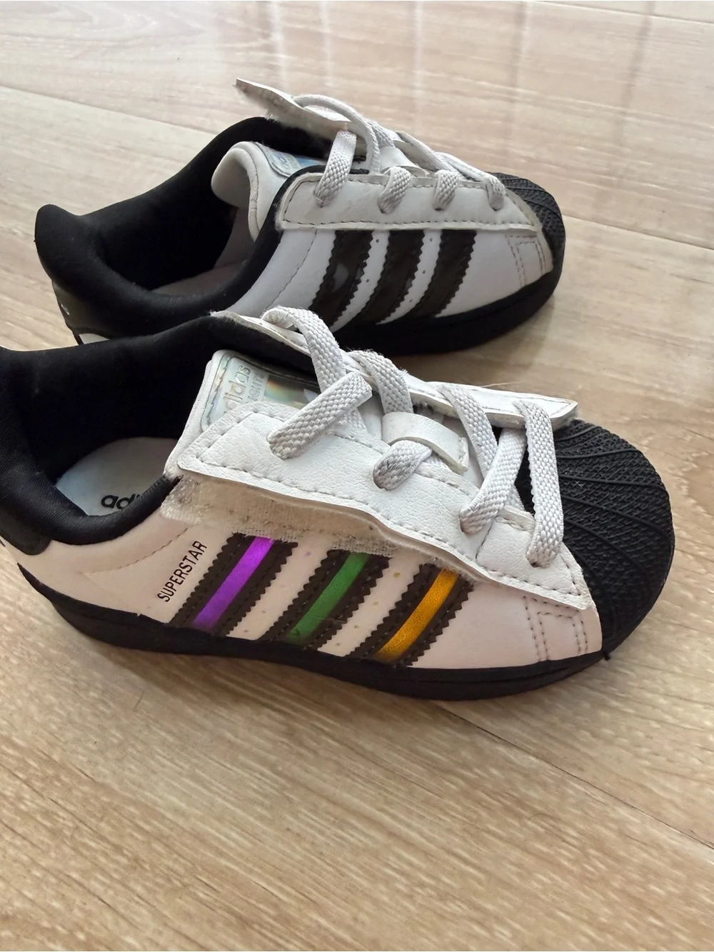 adidas Kids Superstar Sneakers in White, Black and Rainbow Lights